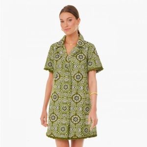 EUC Tuckernuck Short-sleeve Retro Print Dress with Fringe - SzL - green & white